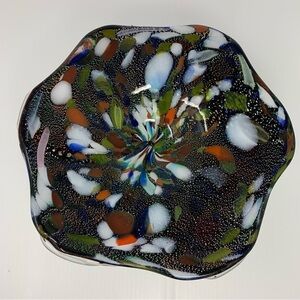 Vintage Studio Art Glass Bowl End of Day Blown Dish Multi Color Gold Flecks